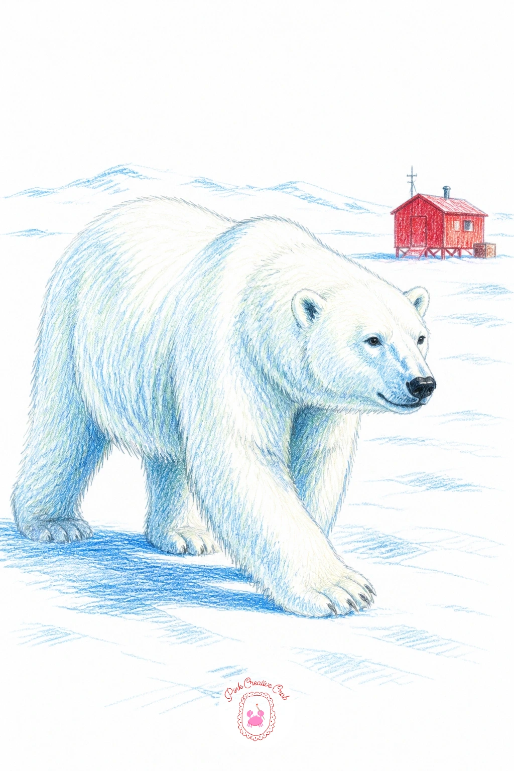 Bear Padding Past Red Research Hut — Bring in that cherry red accent properly with a polar bear padding past a tiny red research hut in the snow, the hut small