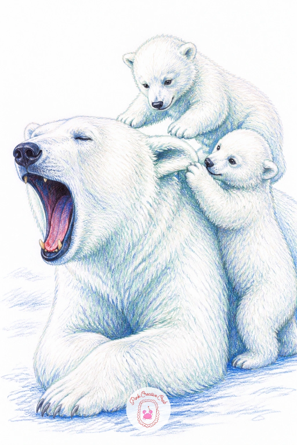 Mother Yawning With Cubs Climbing Her — Finish the list with its liveliest scene: a mother polar bear yawning while two cubs climb all over her, mouth open