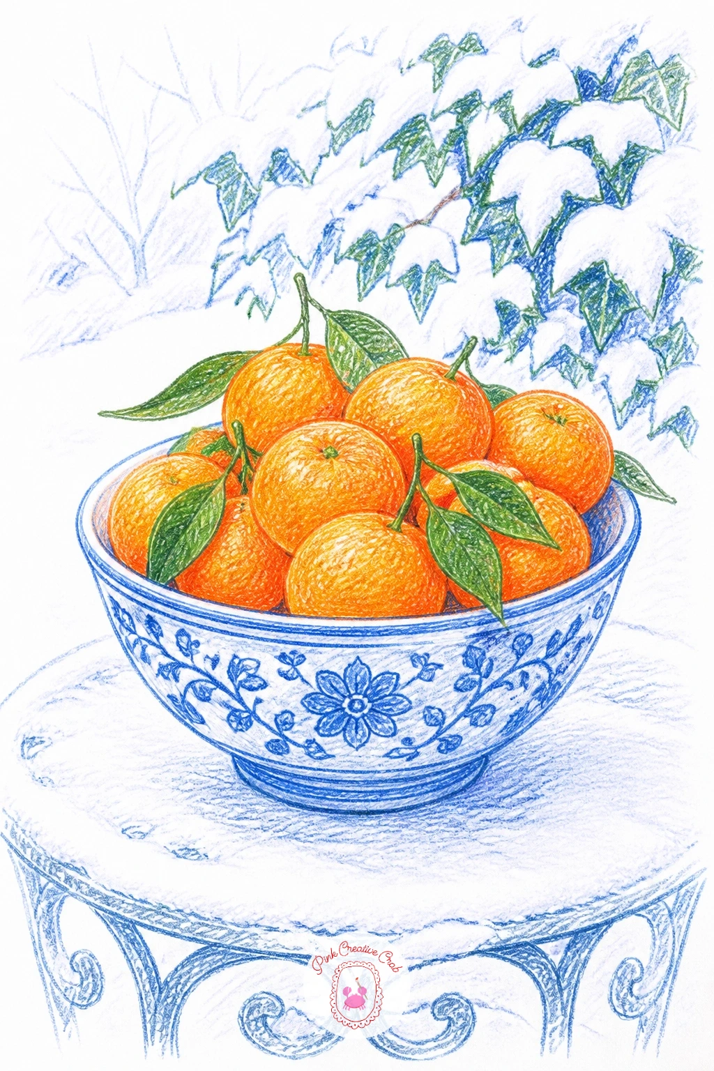 Blue and White Bowl of Clementines — Start with the bowl since everything else sits inside it. Orange drawing