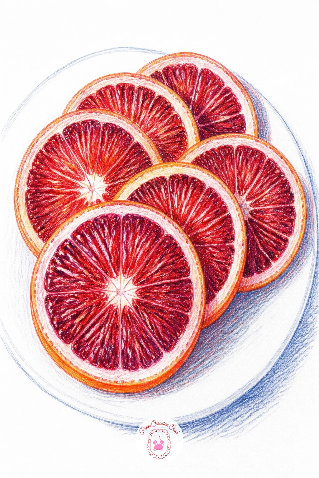 Blood Orange Slices Fanned on a Plate — Following on from the bowl, try a flat composition next: blood orange slices fanned across a white plate. Orange drawing