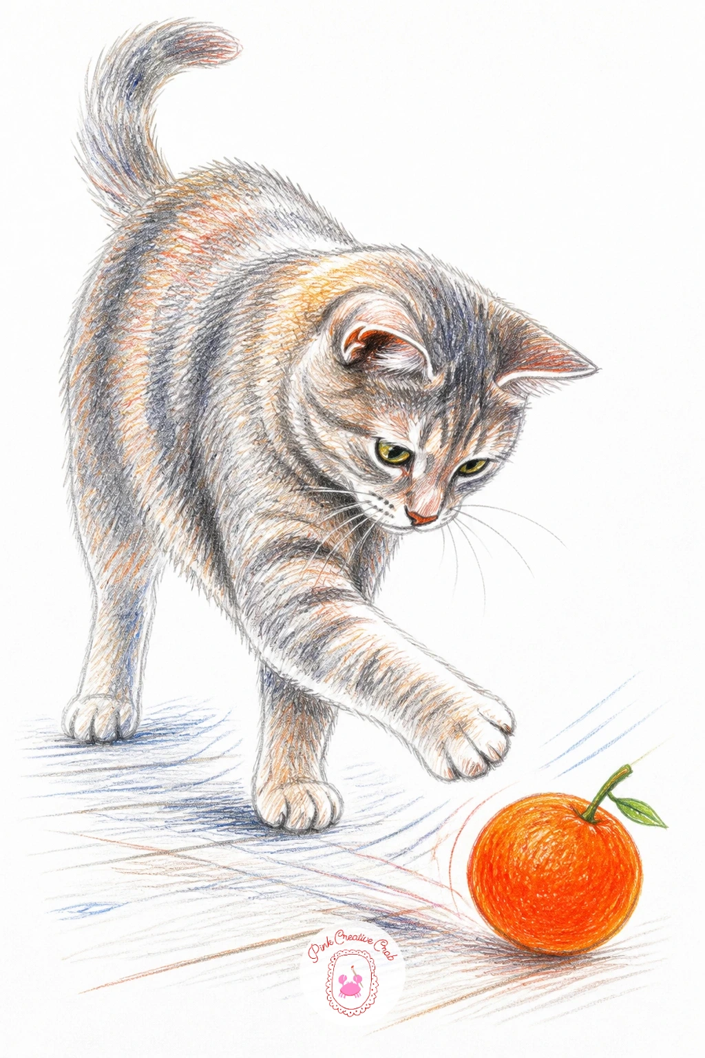 Cat Batting a Clementine — Bring in some movement with a cat chasing a clementine across a wooden floor. Orange drawing