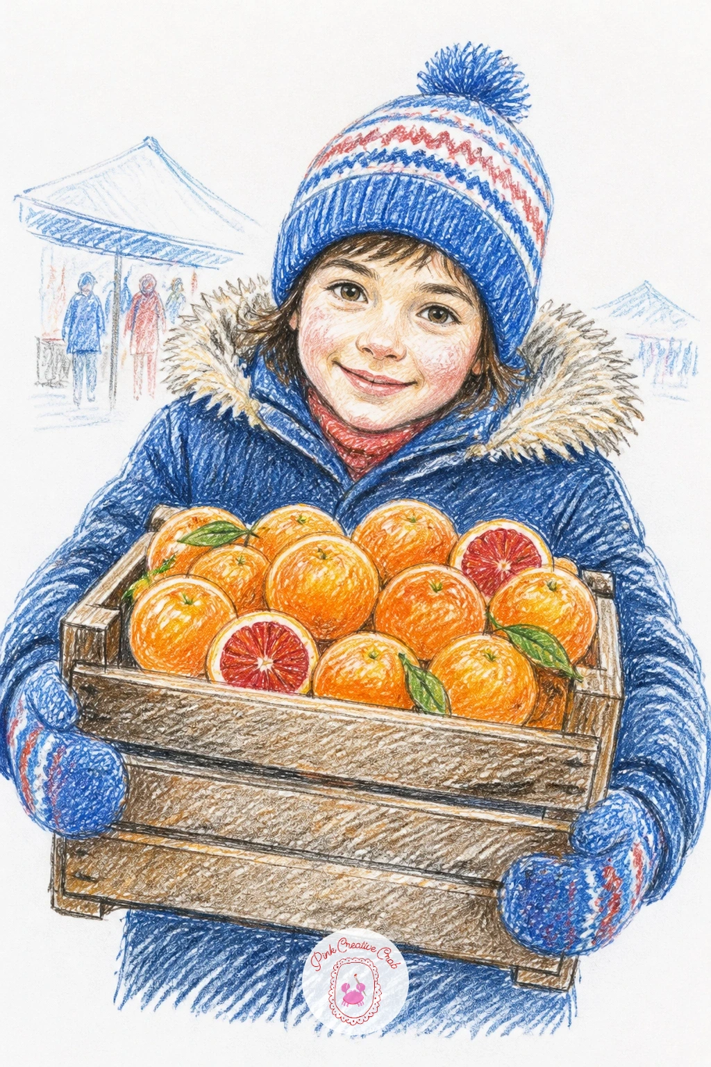 Child Carrying a Crate of Oranges at a Winter Market — Scale up into a small scene with a child carrying a wooden crate stacked with oranges at a winter