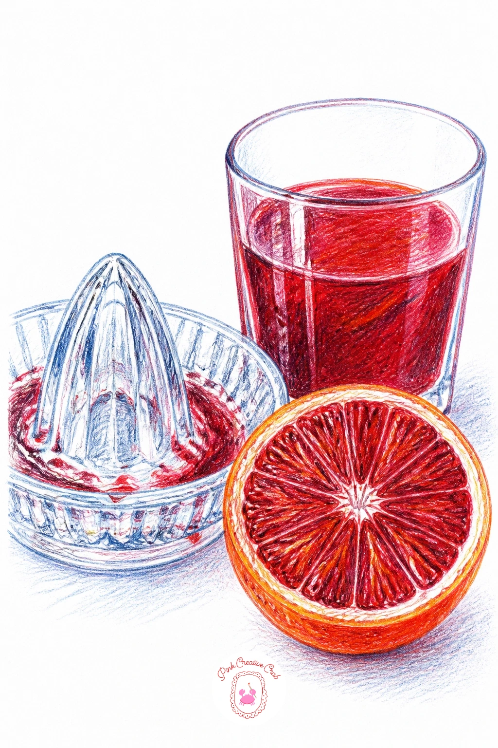 Halved Blood Orange Beside a Juicer — Set up a small still life now: a halved blood orange, a simple glass juicer, and a glass of juice beside it. Orange