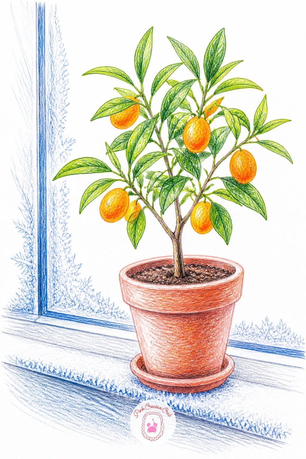 Potted Kumquat Tree on a Frosty Windowsill — Kumquats give you a chance to draw tiny fruit in multiples rather than one big subject. Orange drawing