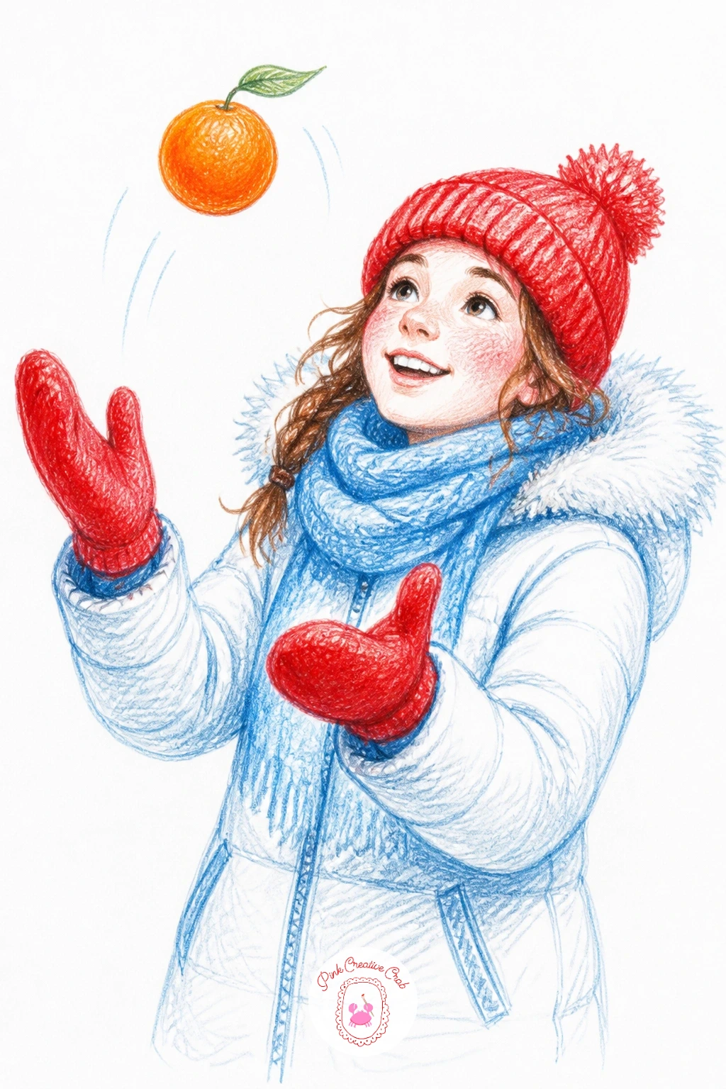 Girl in Mittens Tossing an Orange — Catch a figure mid-motion with a girl in mittens tossing an orange from one hand to the other. Orange drawing