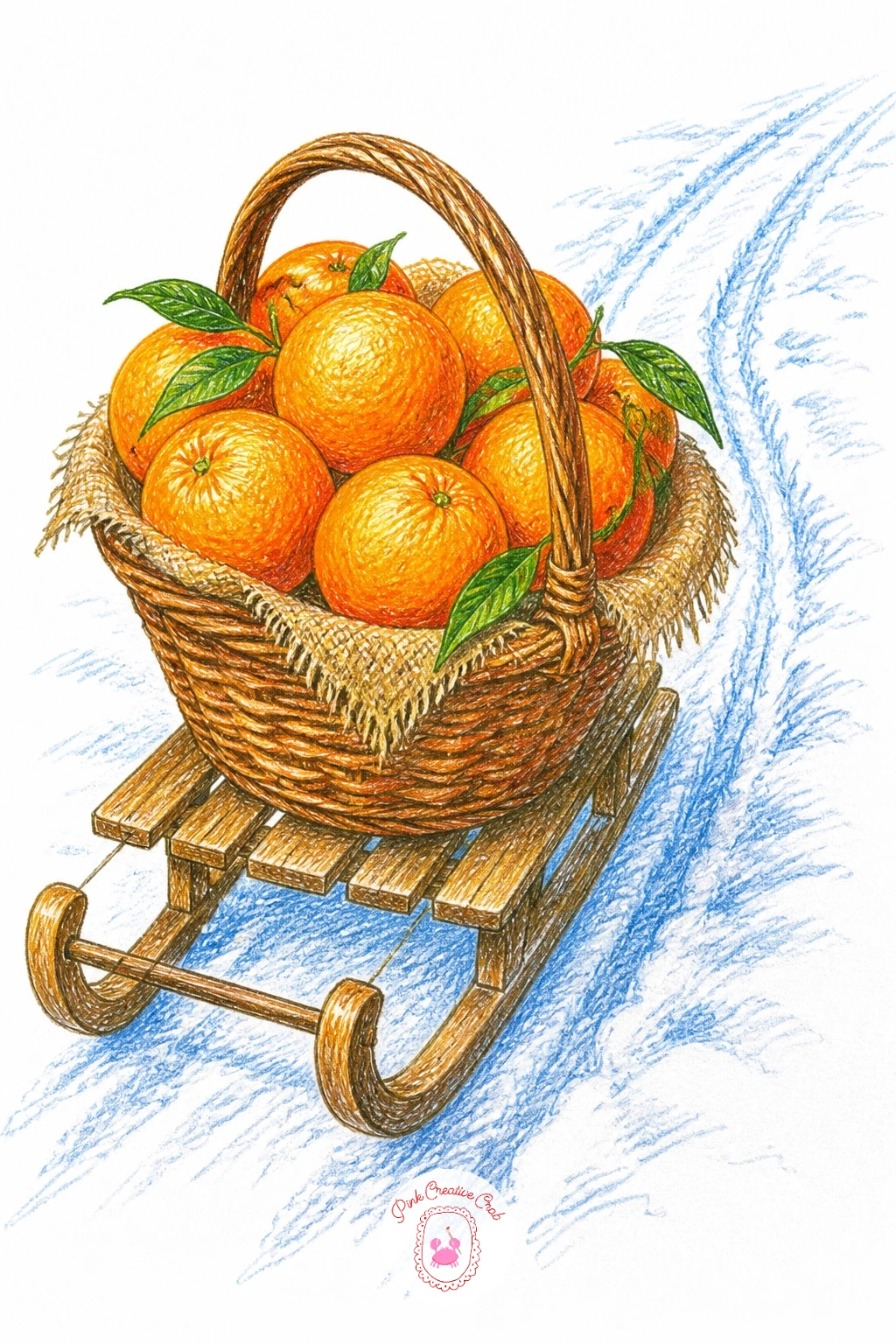 Basket of Navel Oranges on a Sled — Combine a basket, a sled, and snow in one playful winter scene. Orange drawing