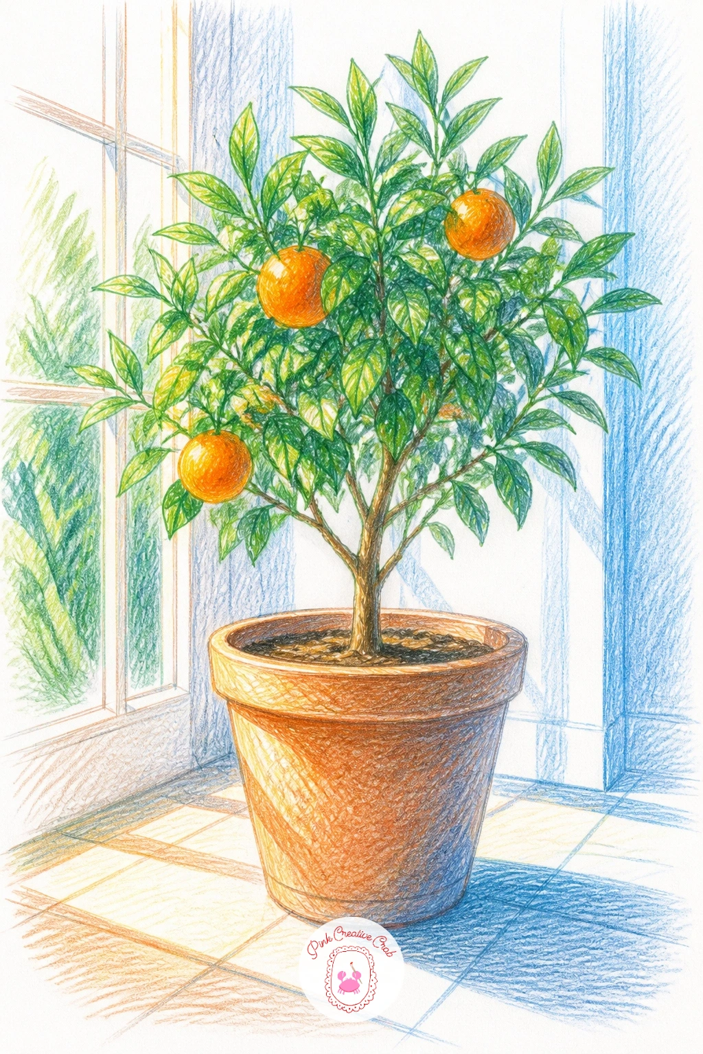 Orange Tree in a Terracotta Pot in a Sunroom — Step up to a slightly bigger subject: a small orange tree in a terracotta pot sitting in a sunroom in the depth