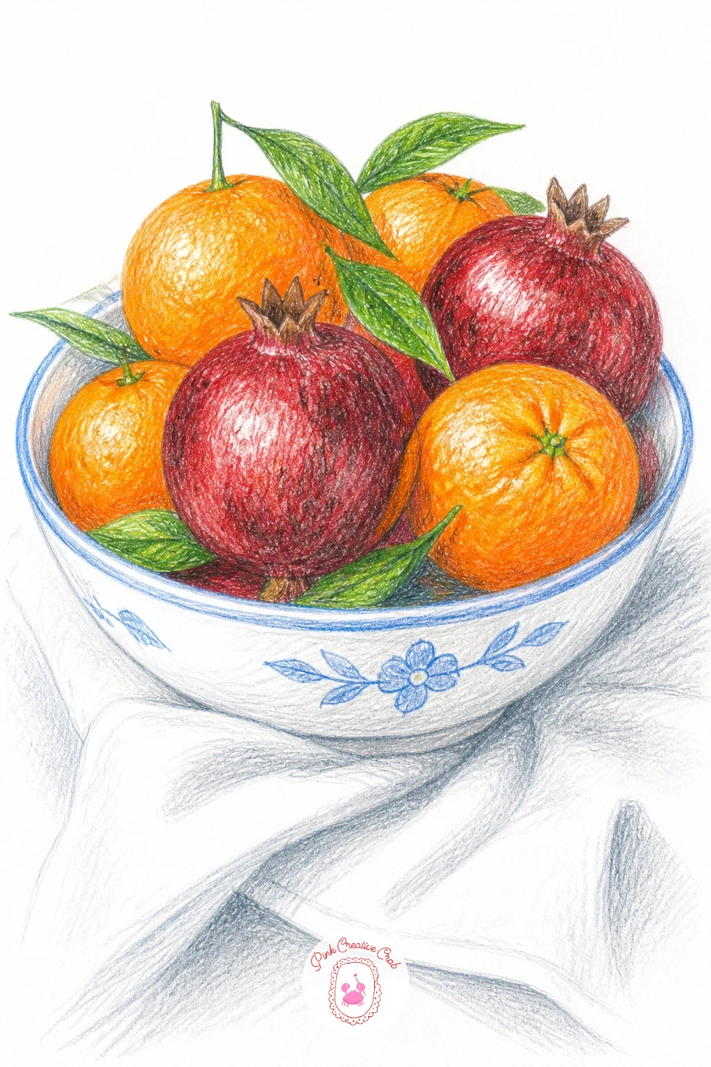 Bowl of Oranges and Pomegranates on Linen — Pairing oranges with pomegranates gives you two very different textures to practice side by side. Orange drawing
