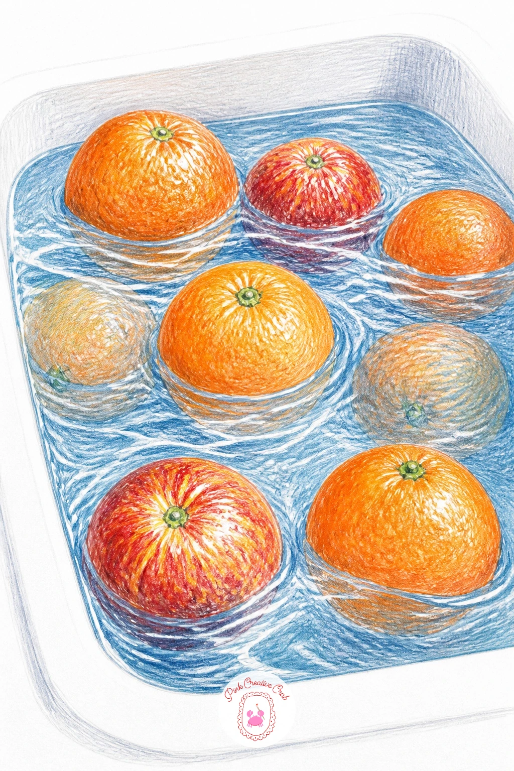 Oranges Bobbing in a Sink of Water — Water adds a layer of visual puzzle worth trying once you feel comfortable with plain fruit. Orange drawing