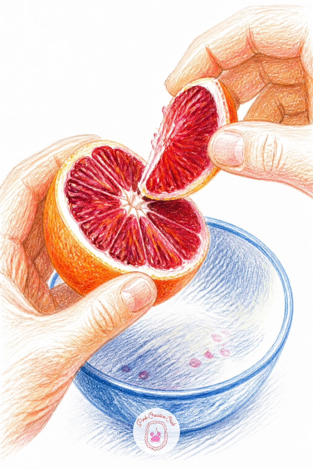 Hands Segmenting a Blood Orange — Return to hands with a closer, more intimate scene: two hands pulling apart segments of a blood orange over a ceramic bowl.