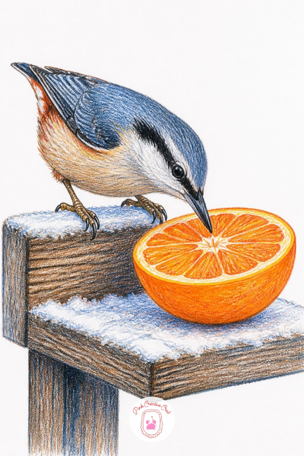 Bird Pecking at Half an Orange on a Feeder — Bird feeders dressed with citrus are a real winter sight worth drawing. Orange drawing