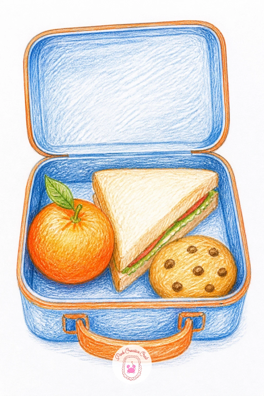 Lunchbox With a Clementine, Sandwich and Cookie — A packed lunchbox is a nice compact composition since everything sits within one rectangular frame. Orange