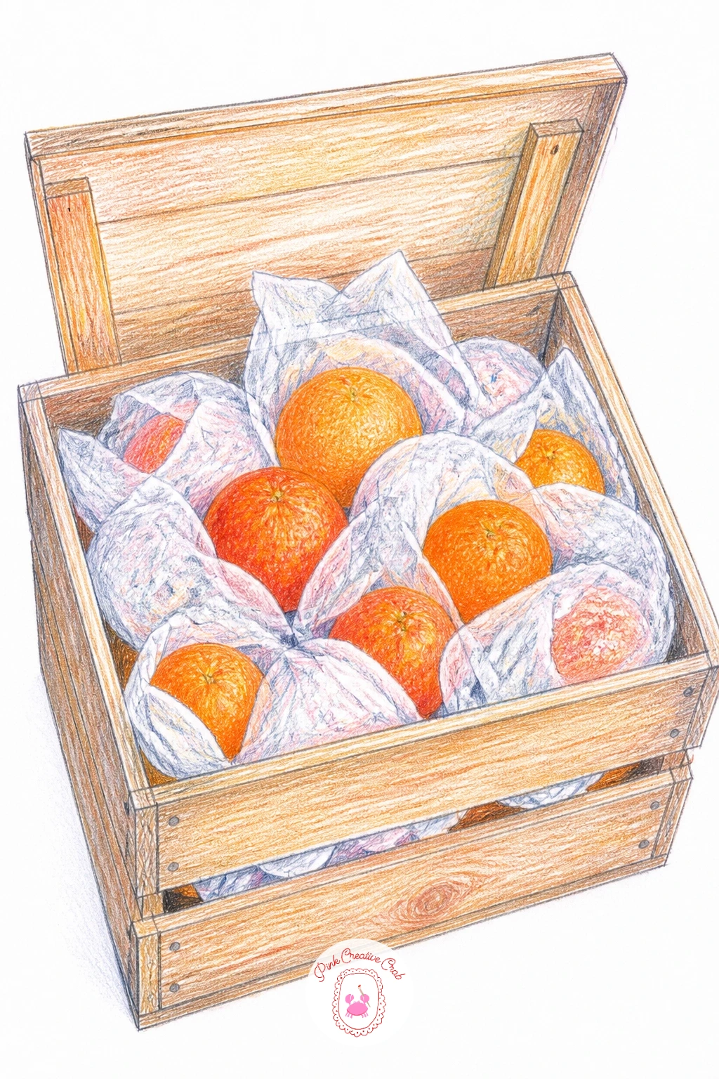 Open Wooden Crate of Oranges Wrapped in Tissue — Market crates give you a satisfying mix of straight wooden lines and soft round fruit. Orange drawing