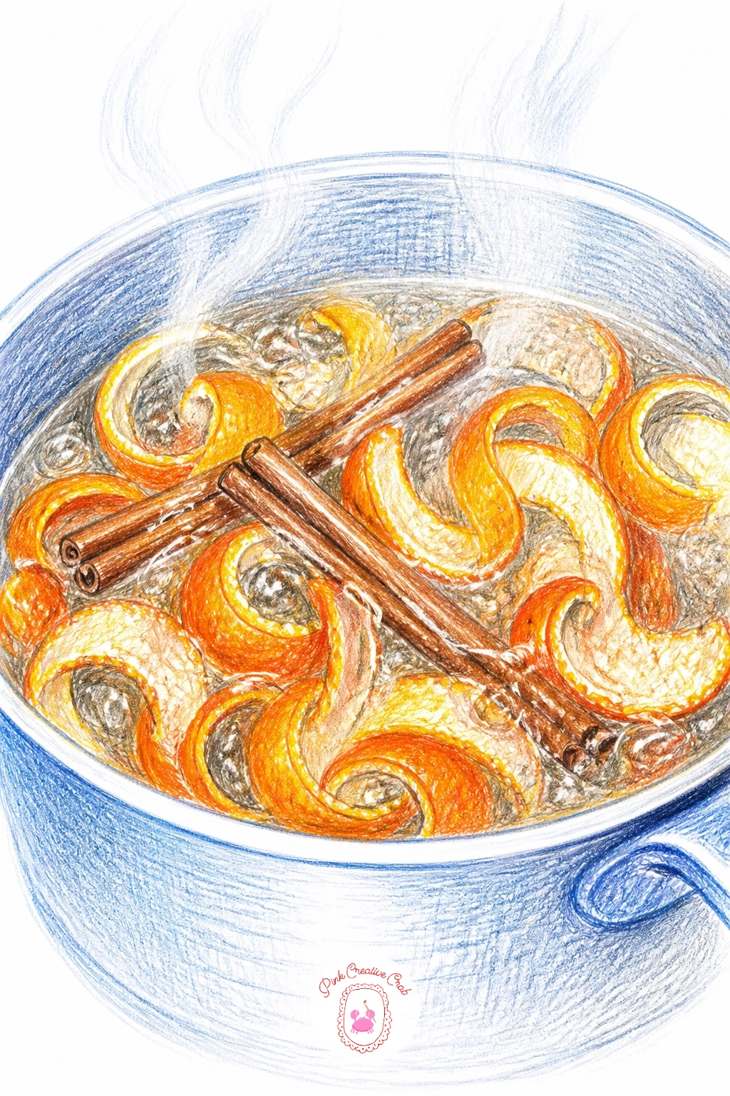 Orange Peel Curls Simmering With Cinnamon — Finish the kitchen subjects with a cozy pot of orange peel curls simmering in water with cinnamon sticks, the kind