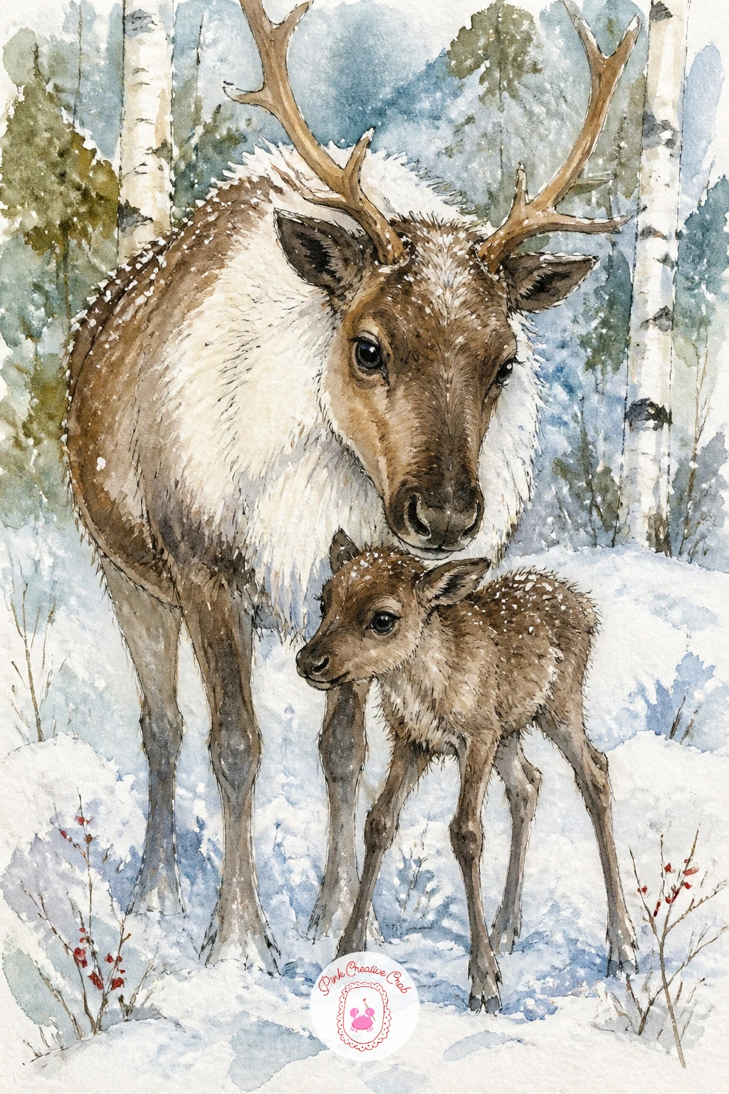 Wobbly Reindeer Calf With Mother — Start with the calf, since getting its proportions right early saves the whole picture. Reindeer drawing