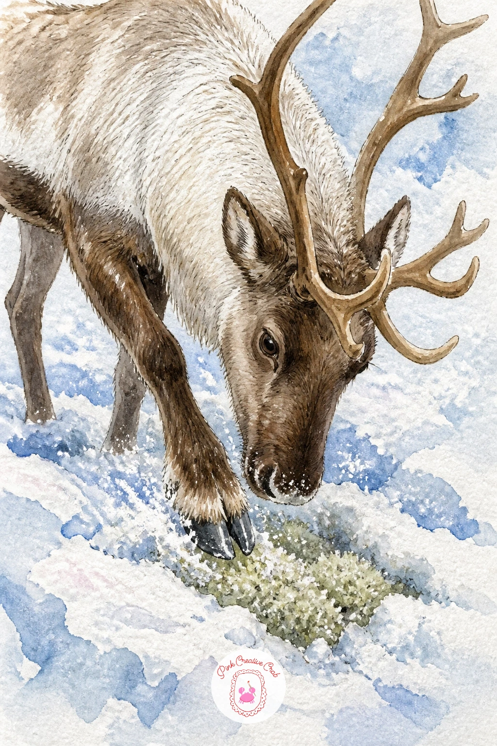 Reindeer Scraping Snow for Lichen — Scraping snow for lichen is a lovely close-up moment, so let the hoof and lowered head take center stage. Reindeer drawing