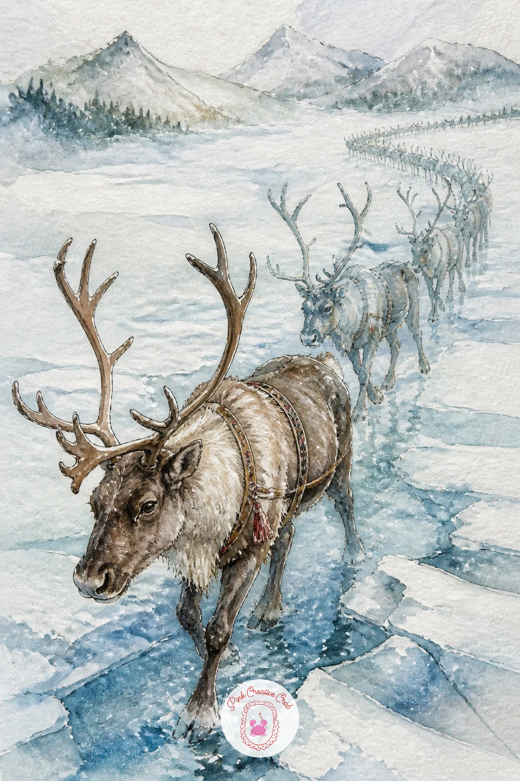 Herd Crossing a Frozen River — A line of reindeer crossing ice is really an exercise in repeating one simple silhouette at different sizes. Reindeer drawing