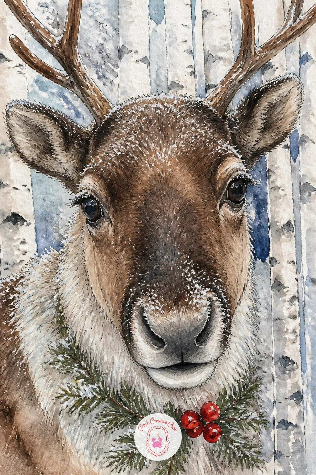 Frost-Eyelashed Reindeer in Birch Forest — This close portrait lives or dies on the eye and lashes, so draw the head large, filling most of the page, before