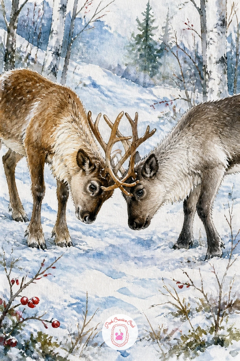 Two Young Reindeer Pushing Antlers — Pushing antlers calls for two bodies locked together, so sketch them as one connected shape rather than two separate