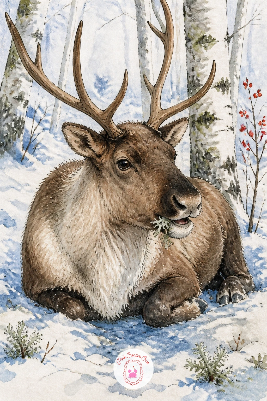 Reindeer Lying Down Chewing — A resting reindeer is a wonderful chance to paint a calm, rounded shape, so start by drawing the body as a single soft loaf shape