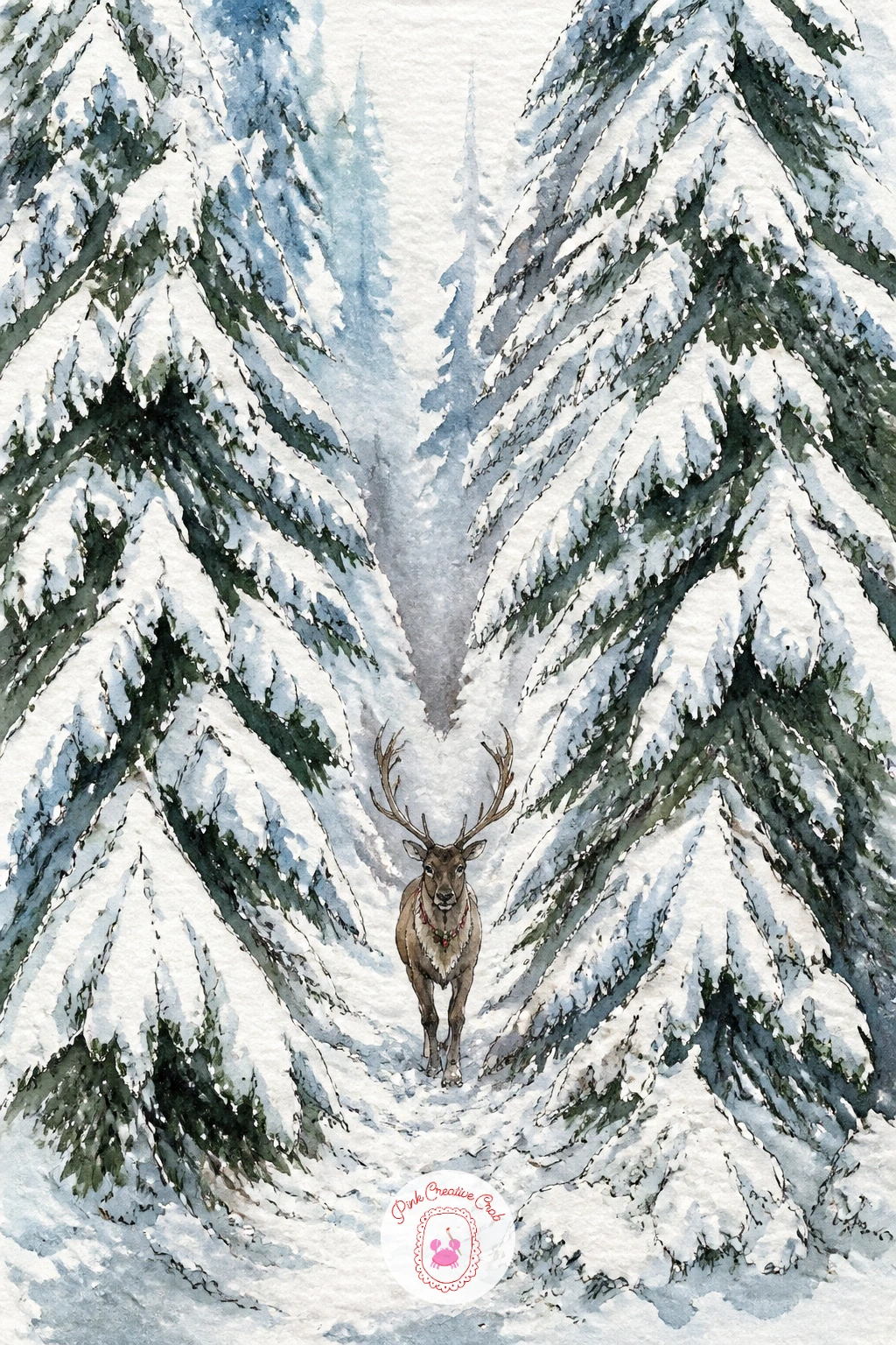 Reindeer Walking Between Snow-Heavy Pines — Snow-laden pines give you a strong vertical frame, so plan the composition before any paint touches paper: two or