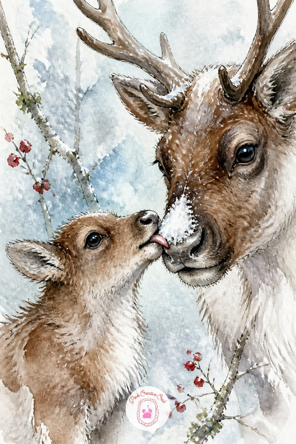 Calf Licking Snow Off Mother's Nose — This is a tender, close moment, so draw the two heads nearly touching, noses almost overlapping, before working out the