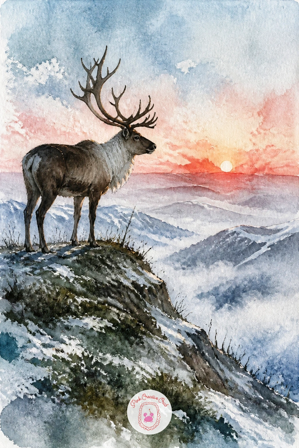 Reindeer on a Hilltop at Sunrise — This scene turns on where the light sits, so decide first that the sun rises low behind the misty valley, meaning the