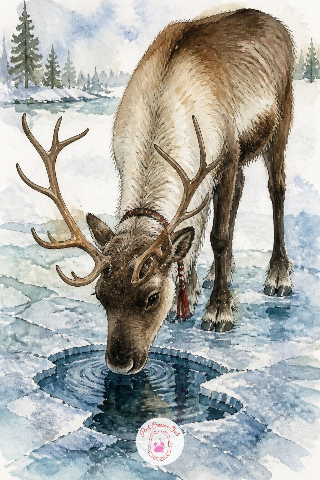 Reindeer Drinking From a Hole in the Ice — Give this one a strong downward gesture, since the whole pose bends toward the hole in the ice. Reindeer drawing