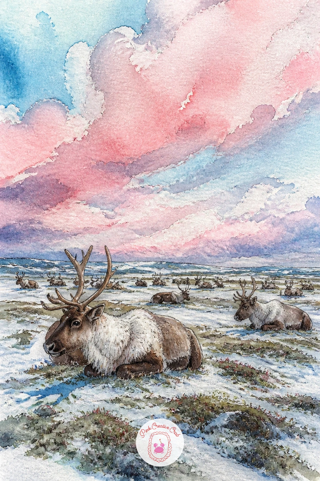 Herd Resting Under Pink Clouds — Open tundra scenes work best wide and low, so give the sky two thirds of the page and let the reindeer herd sit as a loose