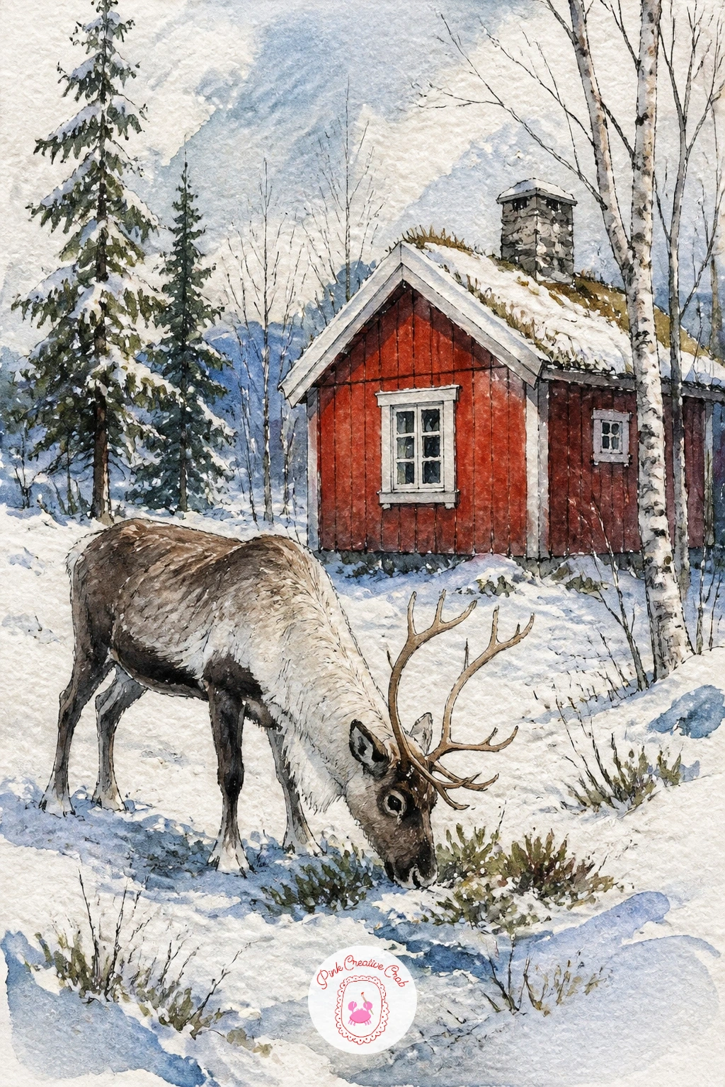 Reindeer Grazing Beside a Red Cabin — A red cabin gives you the cherry red accent as the star of the piece, so place it confidently in the background, a simple
