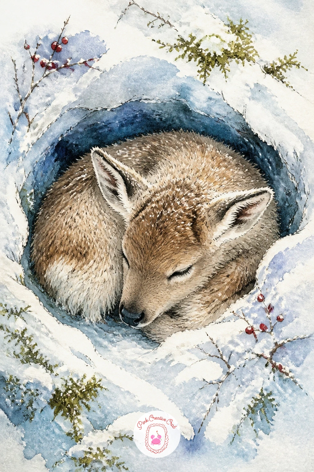 Calf Curled Asleep in a Snow Hollow — A sleeping calf is a simple, rounded shape, so think of the whole body as one curled comma: head tucked down near the