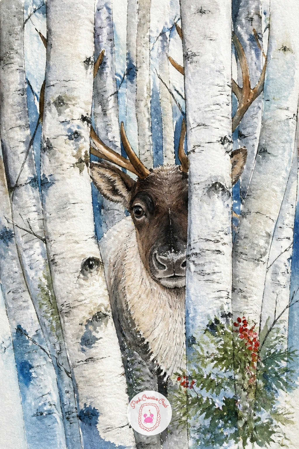 Reindeer Peering Through Birch Trunks — This one plays with eye level, so decide the viewer is standing at the same height as the reindeer, peering through the