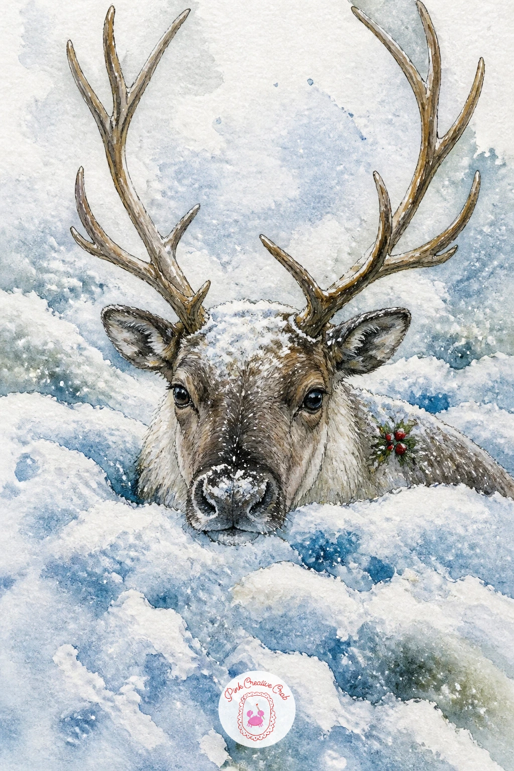 Reindeer Wading Through a Snowdrift — Deep snow calls for hiding most of the legs, so sketch the reindeer with only the chest and head riding above a tall