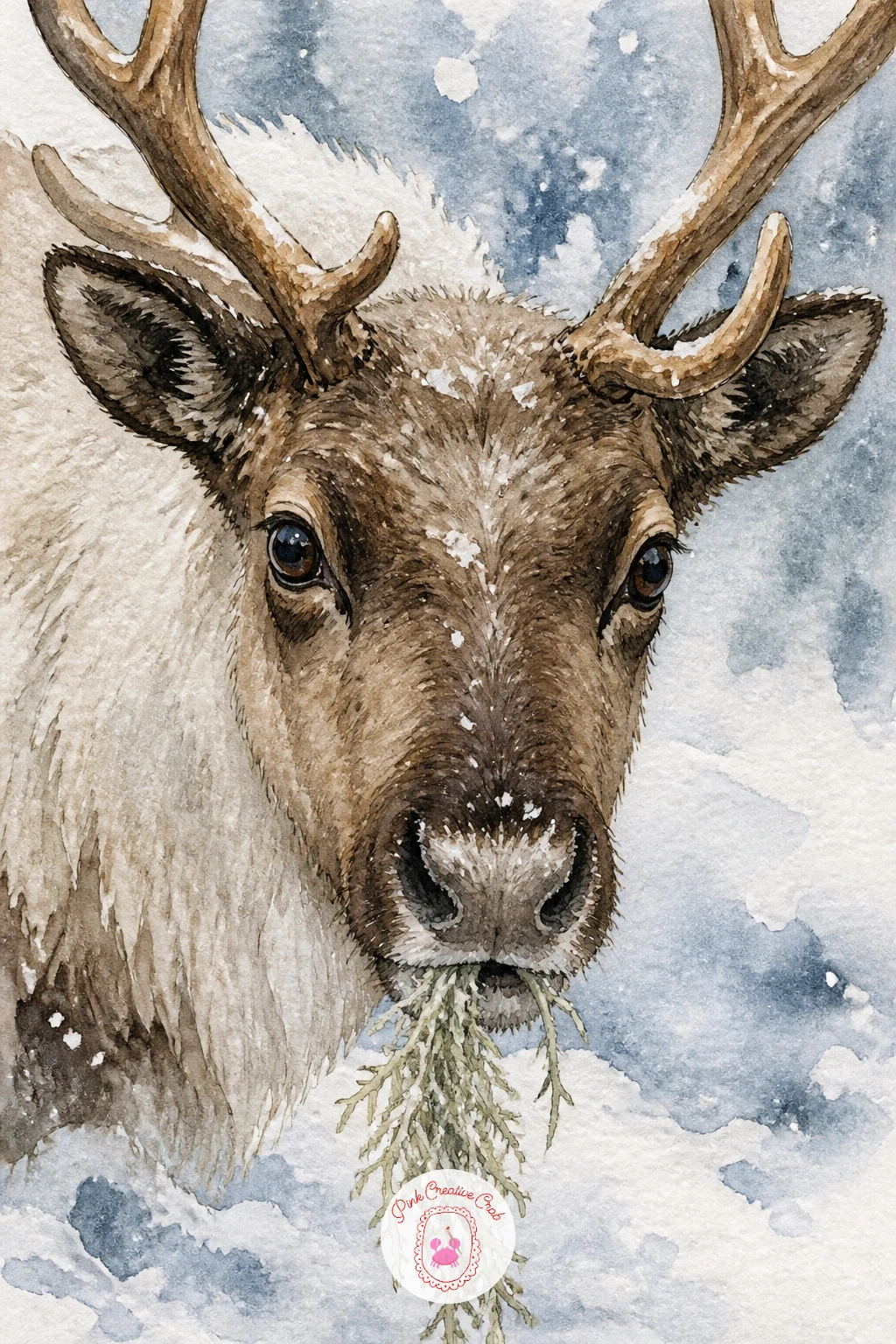 Reindeer With Lichen Dangling From Its Mouth — Keep this one simple and close, focusing on the head and the little strand of pale moss green lichen hanging