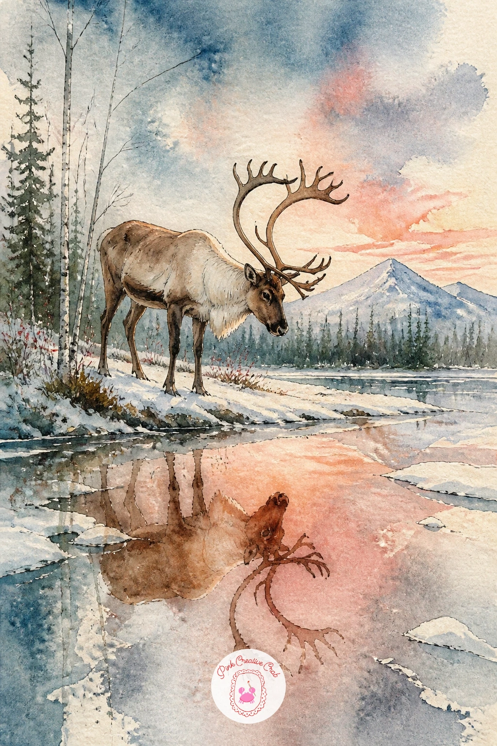 Reindeer Reflected in a Half-Frozen Lake — Reflections work best when the light source is settled first, since a dusk scene needs the sky and water to share