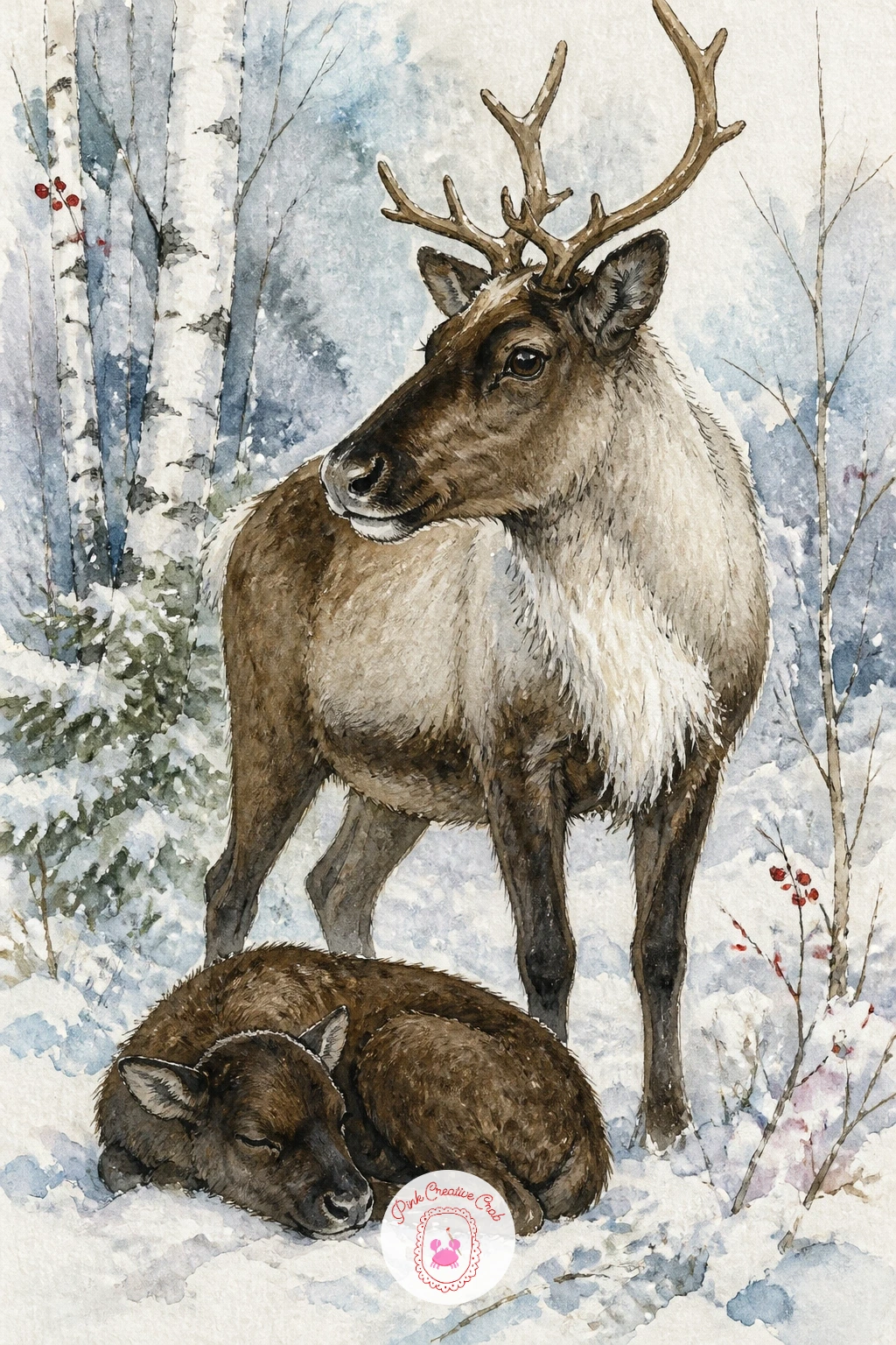 Mother Standing Guard Over a Sleeping Calf — Give the mother the taller, alert pose here and the calf the low, curled one, so the size and posture contrast