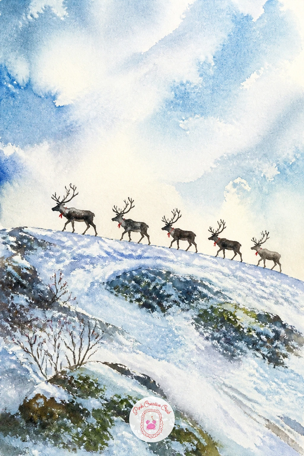 Line of Reindeer Along a Snowy Ridge — Keep the eye level low and the sky huge for this one, since a ridge scene depends on the reindeer walking right along