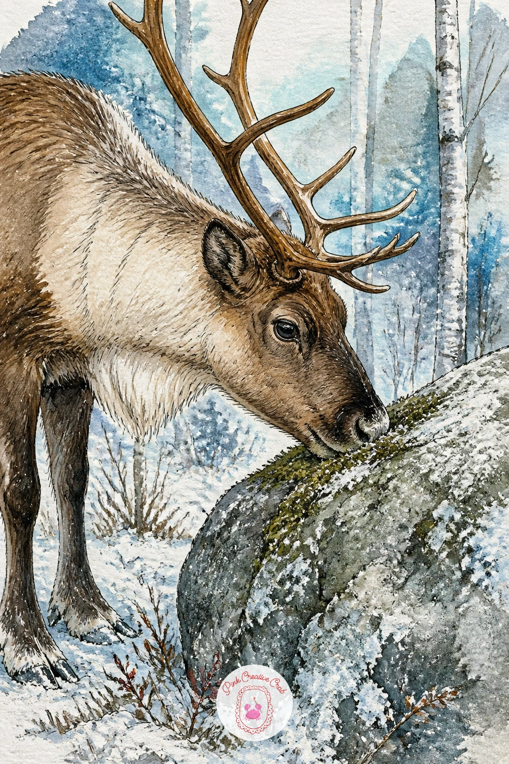 Reindeer Nibbling Moss From a Boulder — A boulder gives you a nice solid shape to balance against the softer reindeer, so draw it first as a rounded, weighty