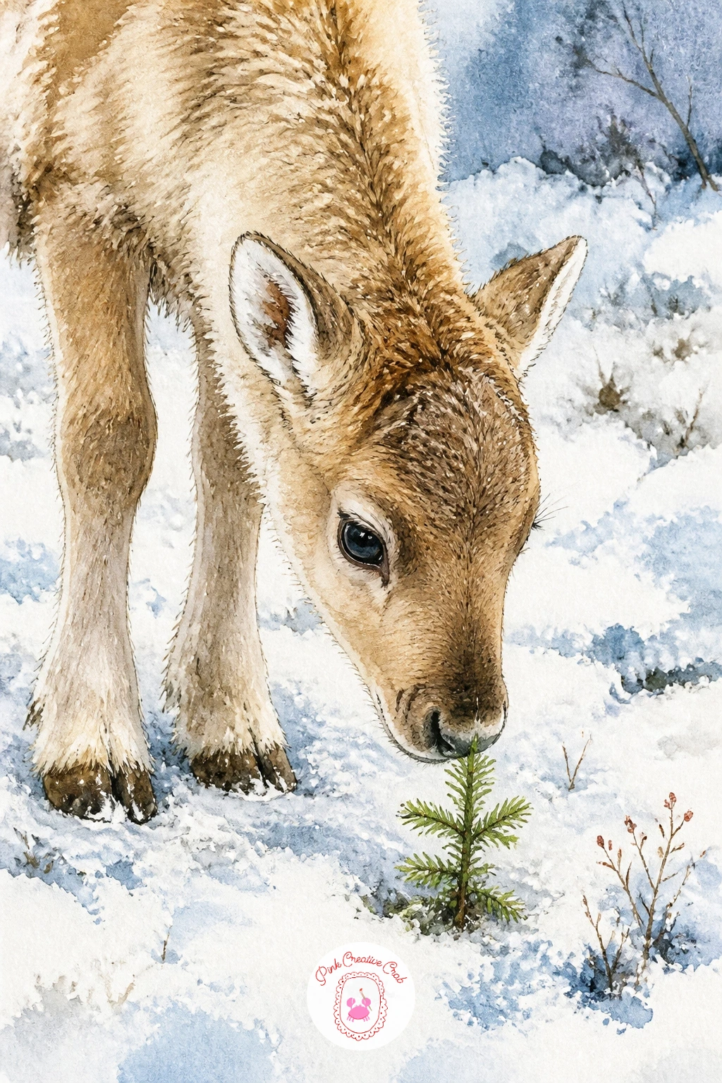 Calf Sniffing a Tiny Spruce Seedling — Scale is everything in this little scene, so compare sizes before you commit to ink: the seedling should stand no taller