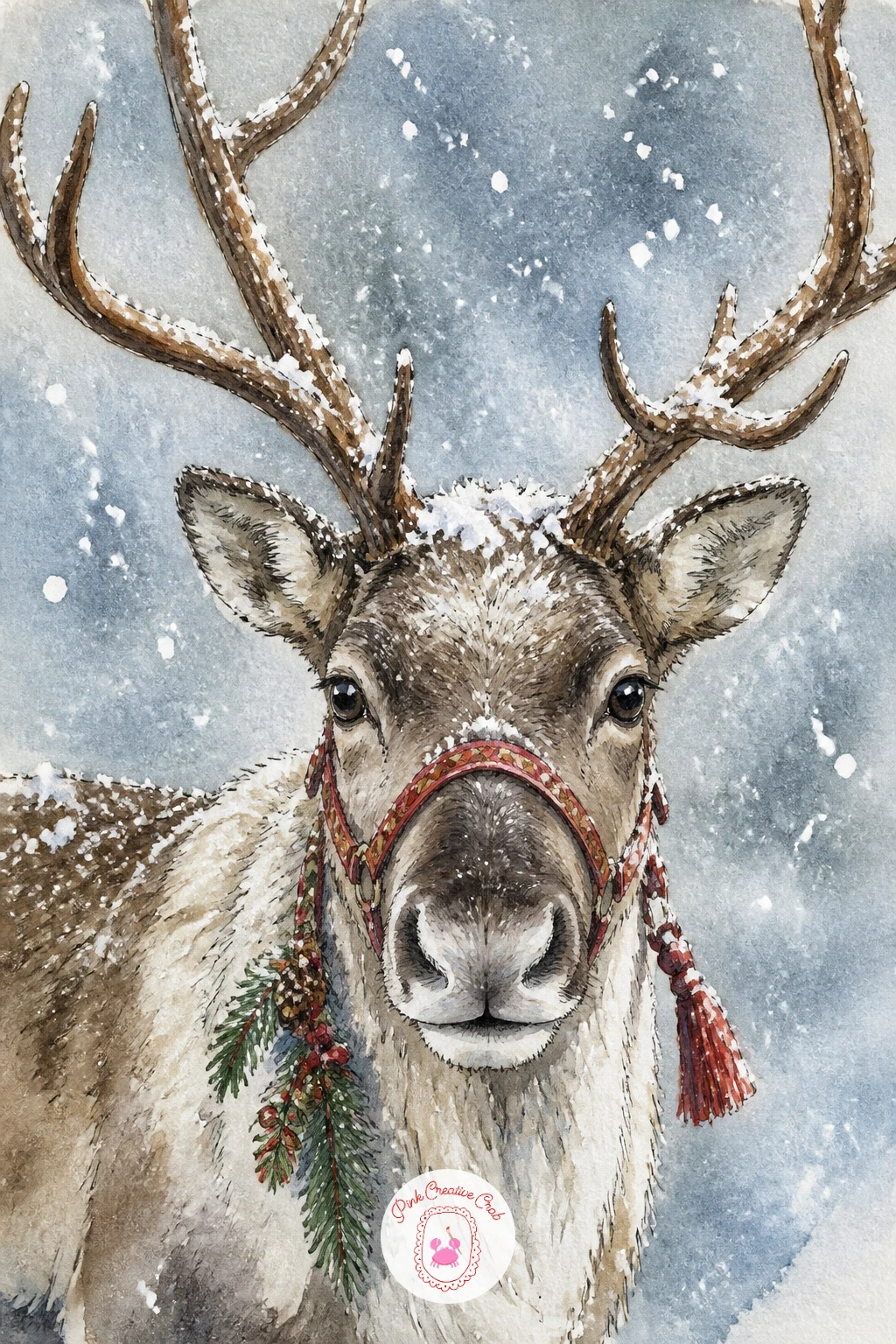 Reindeer With Snowflakes Settling on Antlers — Give the antlers room to be the star here, so draw the reindeer standing tall and still, head level, with the