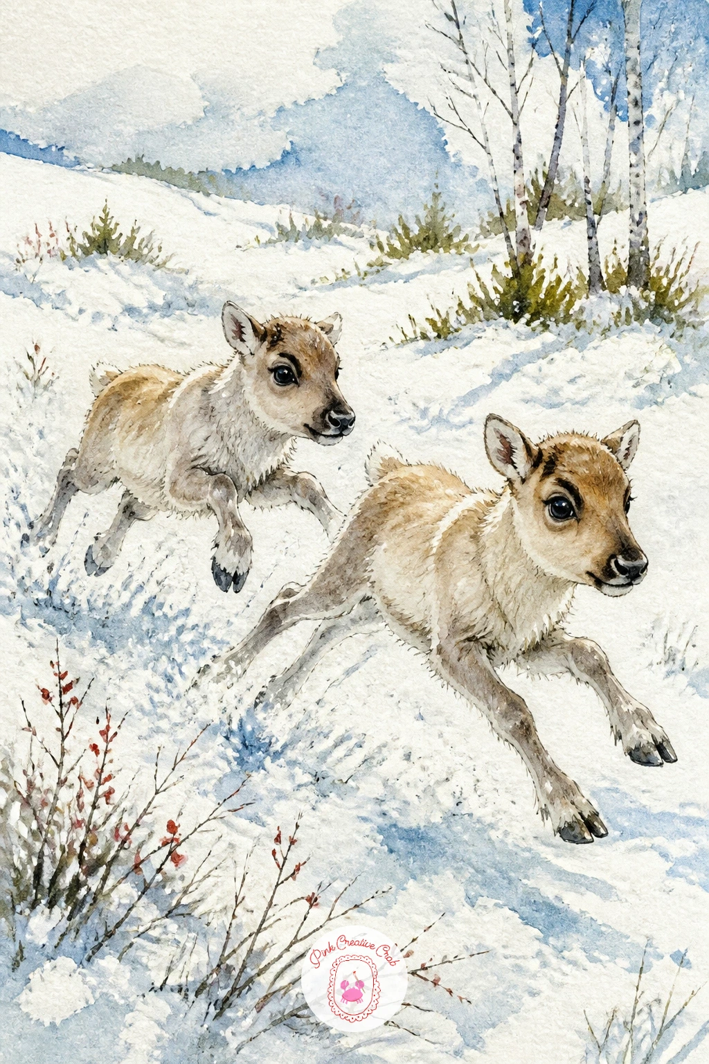 Two Calves Chasing Across a Meadow — Give both calves energy through their legs, since a chase scene reads entirely through stride. Reindeer drawing