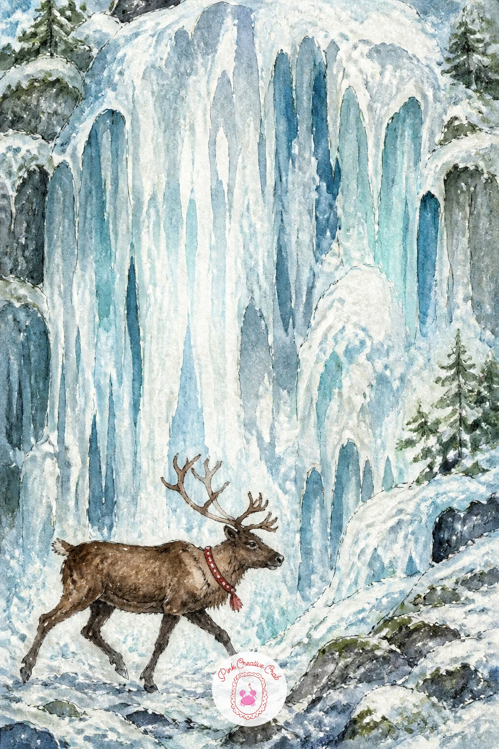 Reindeer Trotting Past a Frozen Waterfall — A frozen waterfall gives you a strong vertical shape to balance against the reindeer's horizontal trot, so place