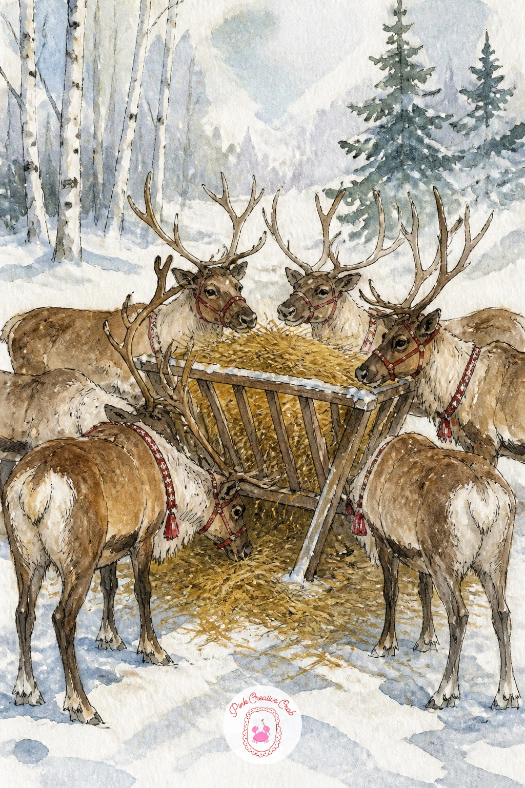 Herd Gathered Around a Hay Rack — A wooden hay rack gives you a strong central shape to build the herd around, so draw it first as a simple rectangular frame