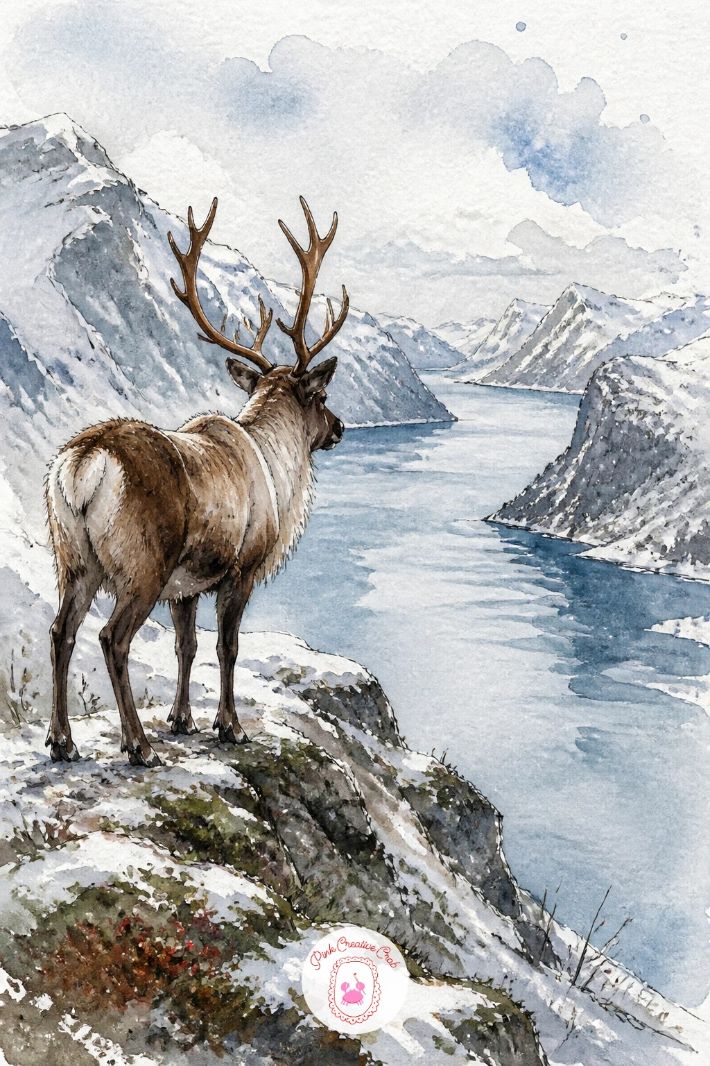 Reindeer Watching a Snowy Fjord — Give this one a strong rocky foreground, since a fjord view depends on the reindeer standing on solid rock above open water.