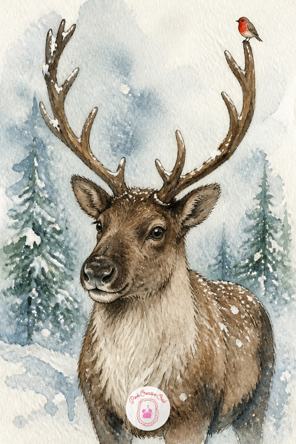 Reindeer With a Bird on Its Antler — A small bird perched on an antler adds scale and a gentle surprise, so draw the bird last after the antlers are settled