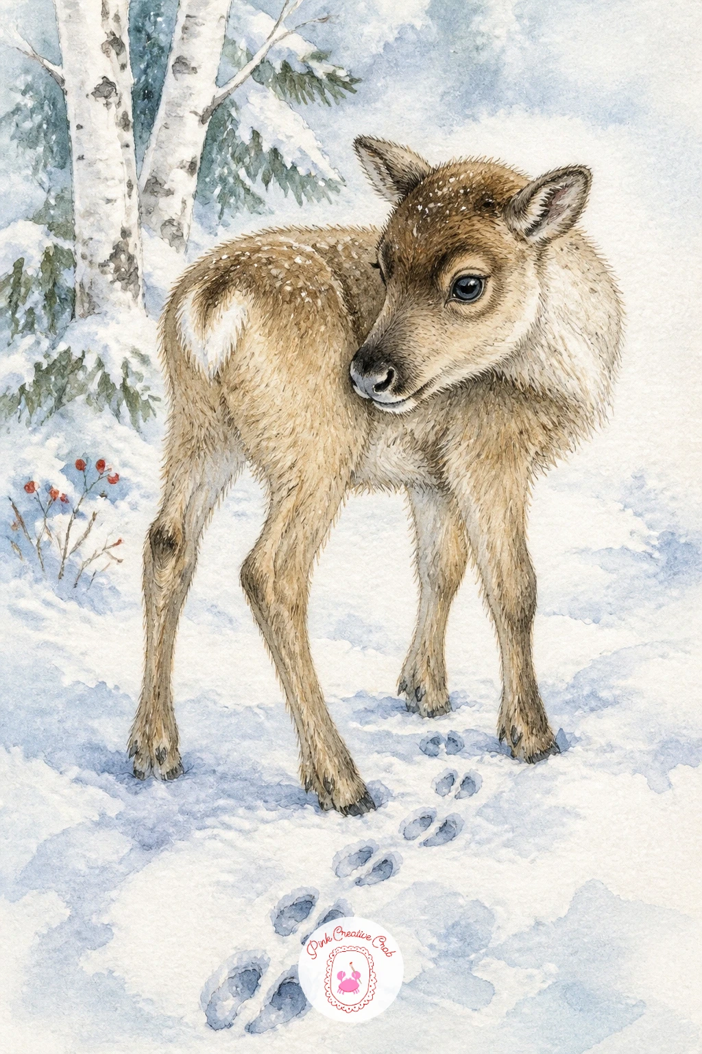 Calf Discovering Its Own Hoof Prints — This is a small story told almost entirely through the calf's head angle, so draw it with its neck curved down and