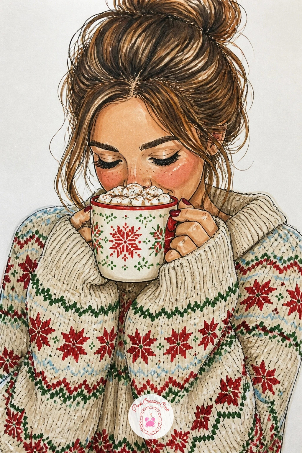 Girl Sipping Cocoa In Fair Isle Sweater — Start with the girl sipping cocoa in her oversized fair isle sweater, because the loose shape is forgiving and the