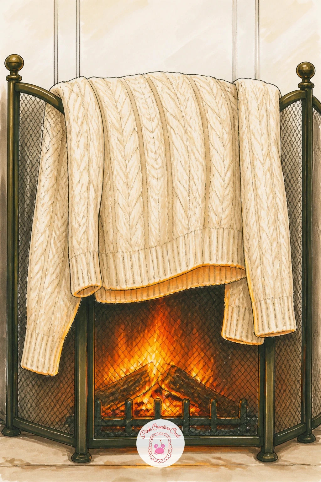 Cream Cable Knit Drying Over A Fireguard — Move from a worn sweater to one resting, this cream cable knit jumper hung over a fireguard to dry. Sweater drawing