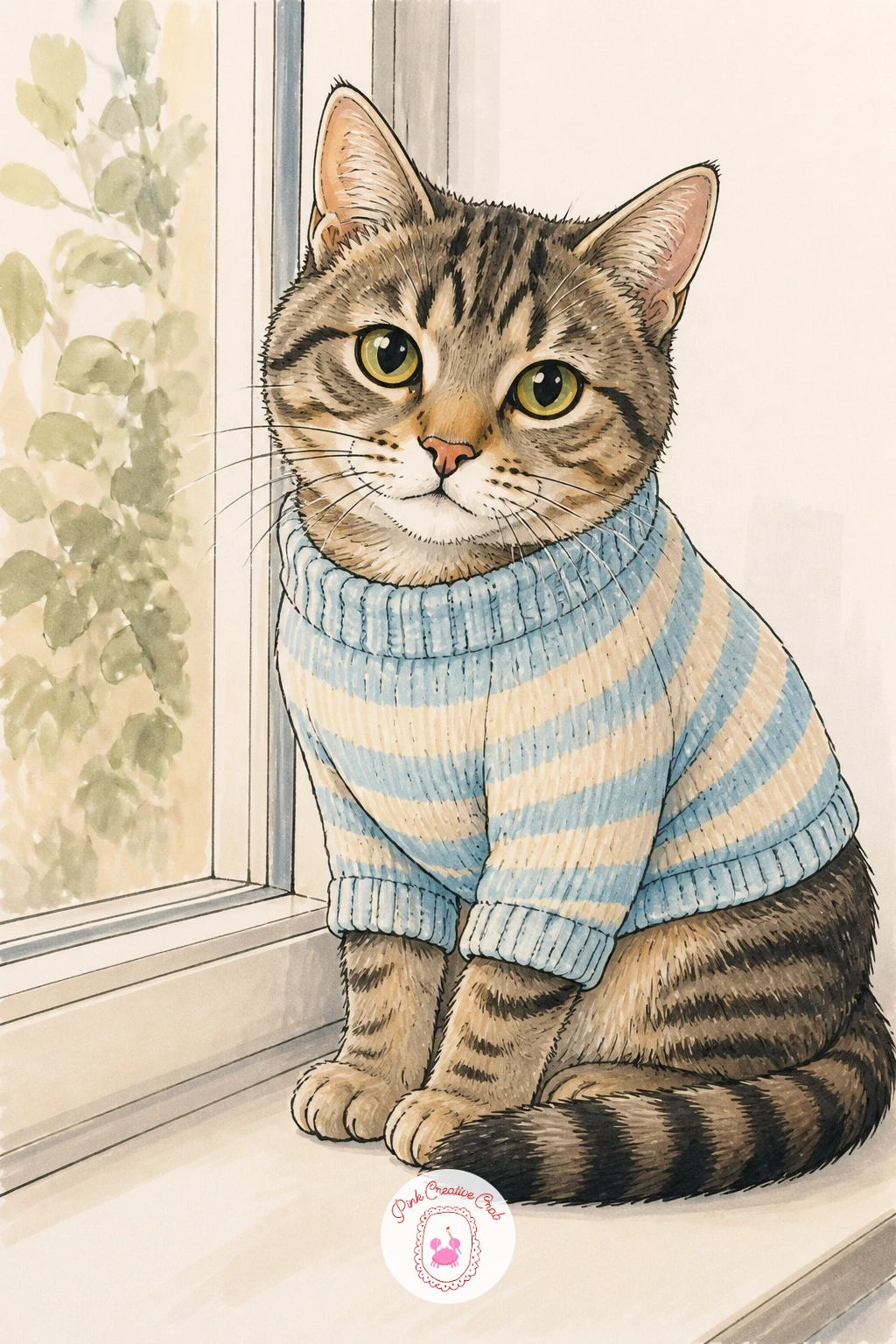 Cat In A Striped Sweater On A Windowsill — Give the drying sweater a neighbor, a cat wearing a tiny striped sweater and sitting on a windowsill. Sweater drawing