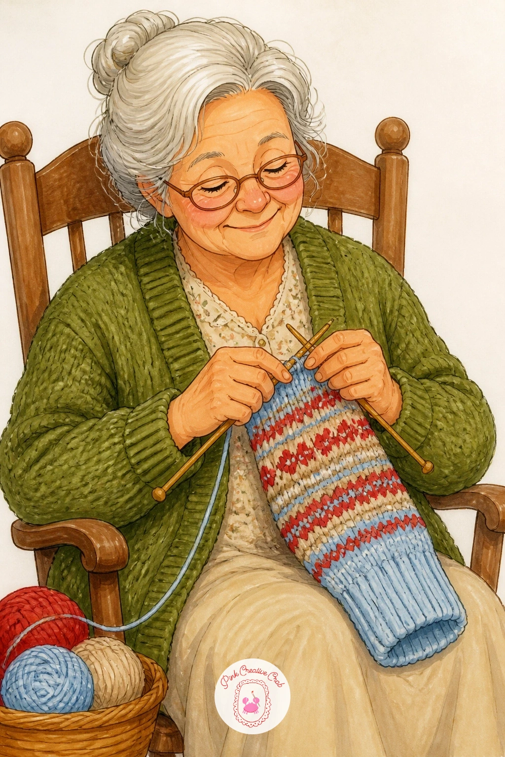 Grandmother Knitting A Sweater Sleeve — Carry the yarn theme into a grandmother knitting a sweater sleeve in a rocking chair, a quieter scene after the window